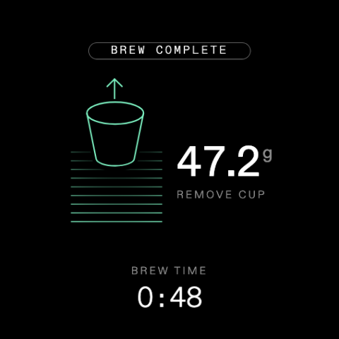 Brew complete: 47.2 g, remove cup, brew time 0:48