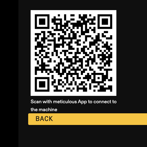 The connection code screen: QR code with the caption 'Scan with meticulous App to connect to the machine'