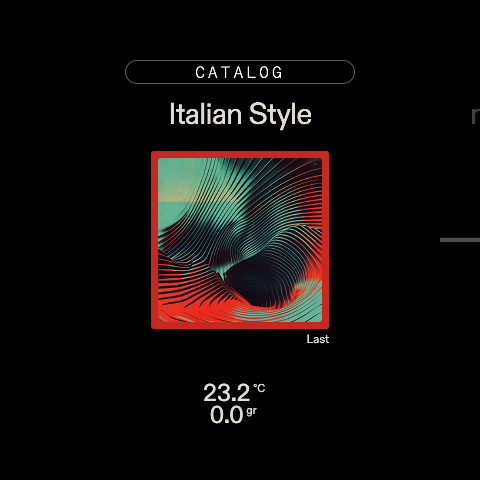 Home screen: Italian Style profile selected, with a Catalog pill above and live temperature below