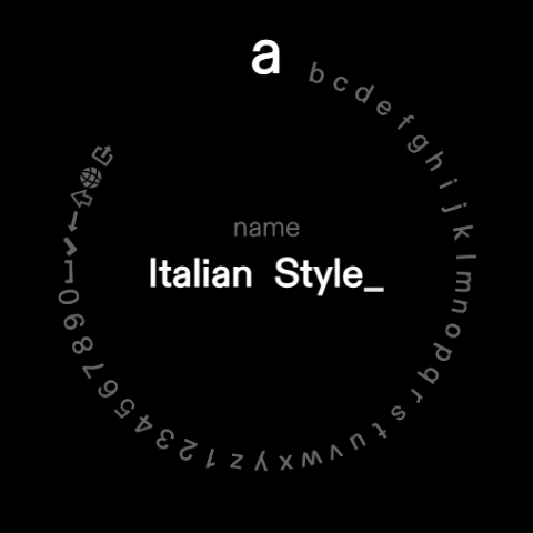Circular keyboard: letters around the rim, name field in the center