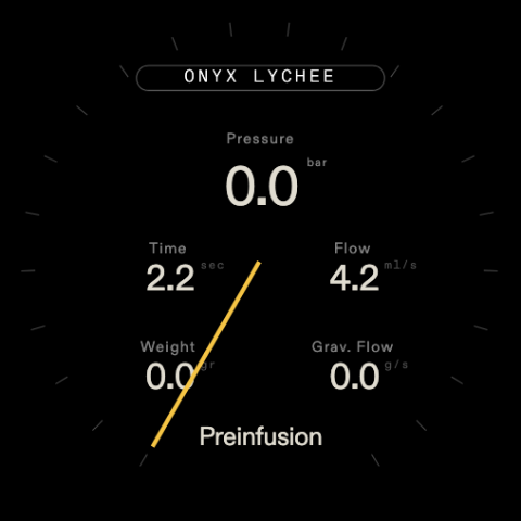 The live shot display: pressure needle with time, flow, weight and gravimetric flow readouts during preinfusion