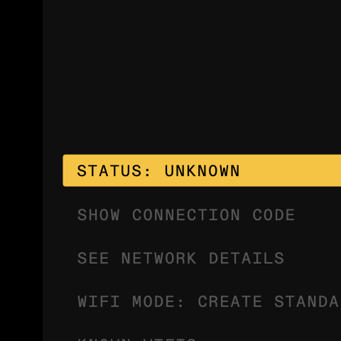 WiFi settings: status, connection code, network details, wifi mode, known wifis, connect, repair